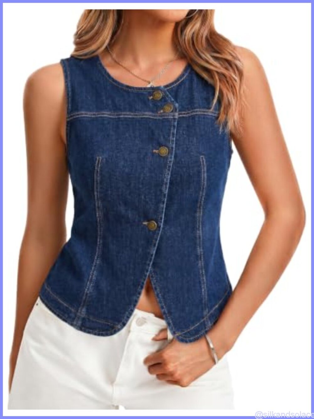 Women's Sleeveless Denim Vest Top Fitted Button Down Crewneck Casual Summer